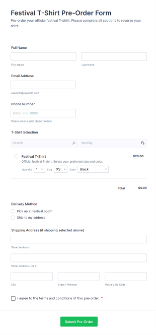 Festival T Shirt Pre Order Form Template