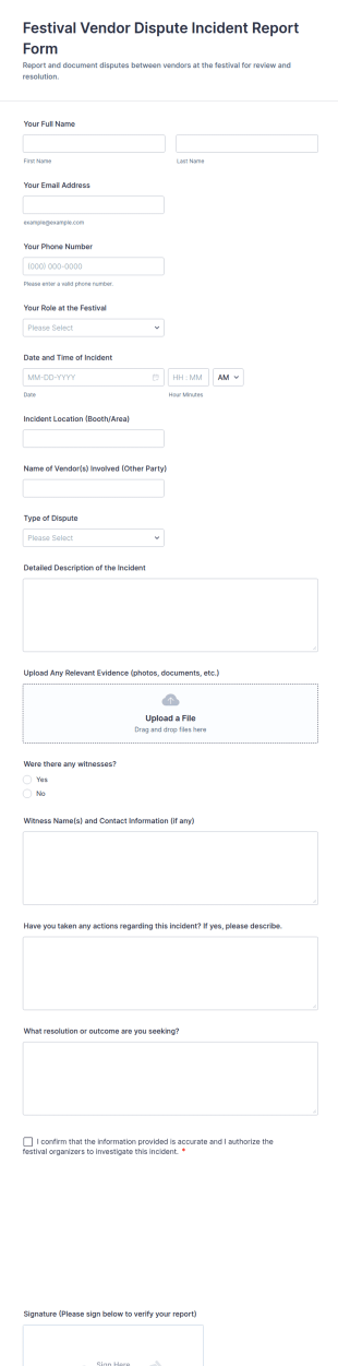 Festival Vendor Dispute Incident Report Form Template