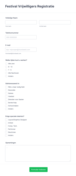 Festival Vrijwilligers Registratieformulier