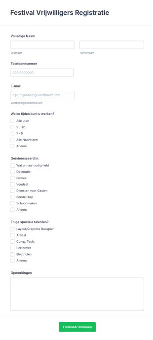 Festival Vrijwilligers Registratieformulier