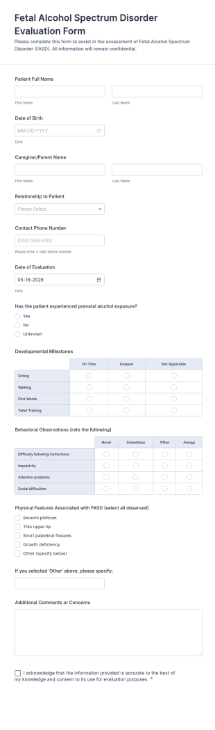 Fetal Alcohol Spectrum Disorder Evaluation Form Template