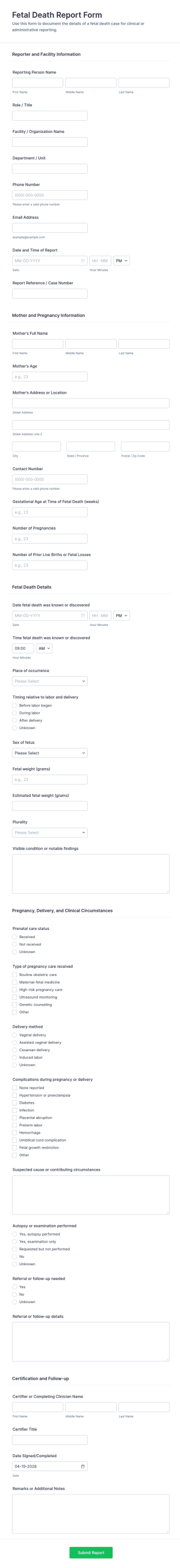 Fetal Death Report Form Template
