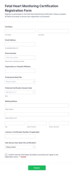 Fetal Heart Monitoring Certification Registration Form Template