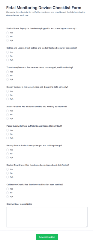 Fetal Monitoring Device Checklist Form Template