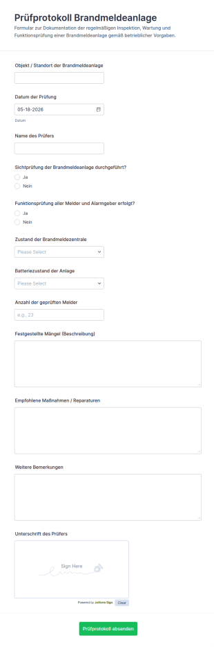 Feueralarmsystem Inspektionsformular