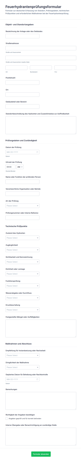 Feuerhydrantenprüfung Formular Für Inspektionsprotokolle (Betriebliche Kontrolle)