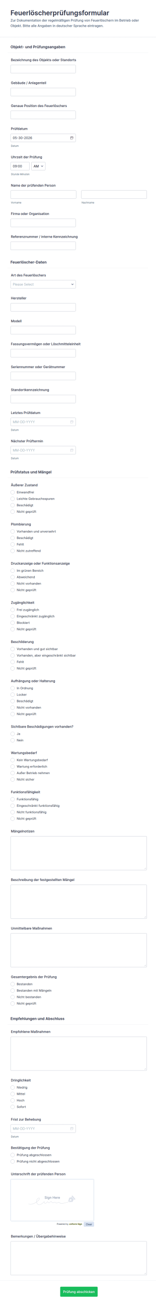 Feuerlöscher Inspektionsformular