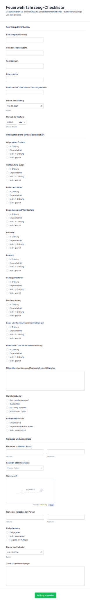 Feuerwehrfahrzeug Checkliste Formular