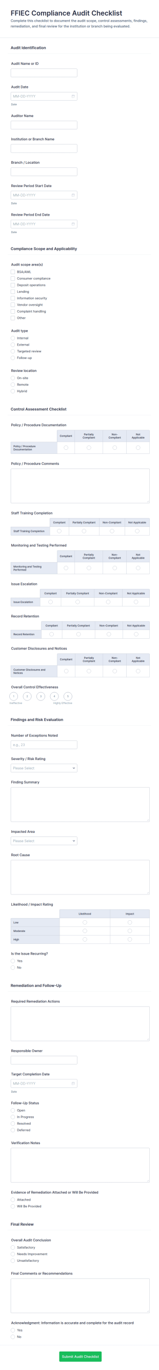 FFIEC Compliance Audit Checklist Form Template