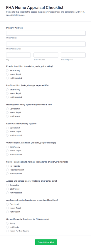 FHA Home Appraisal Checklist Form Template