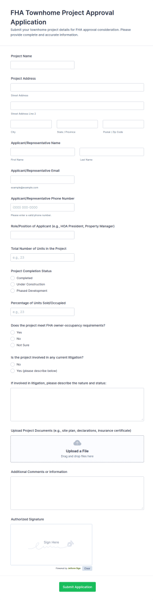 FHA Townhome Project Approval Application Form Template