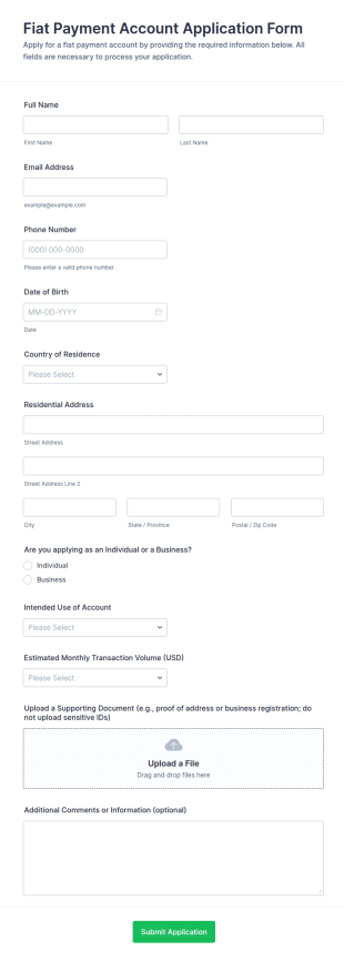 Fiat Payment Account Application Form Template