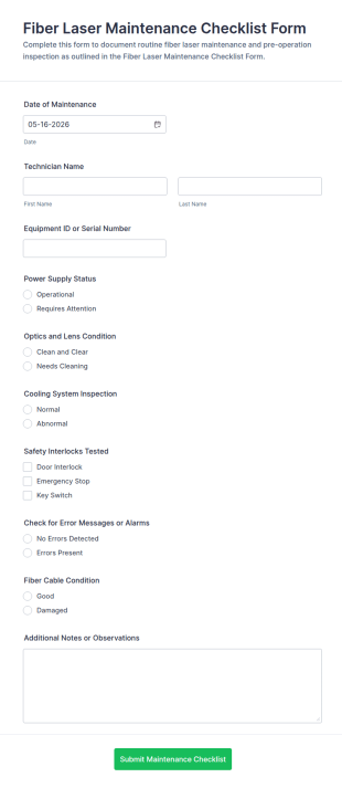 Fiber Laser Maintenance Checklist Form Template