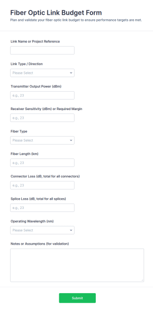 Fiber Optic Link Budget Form Template