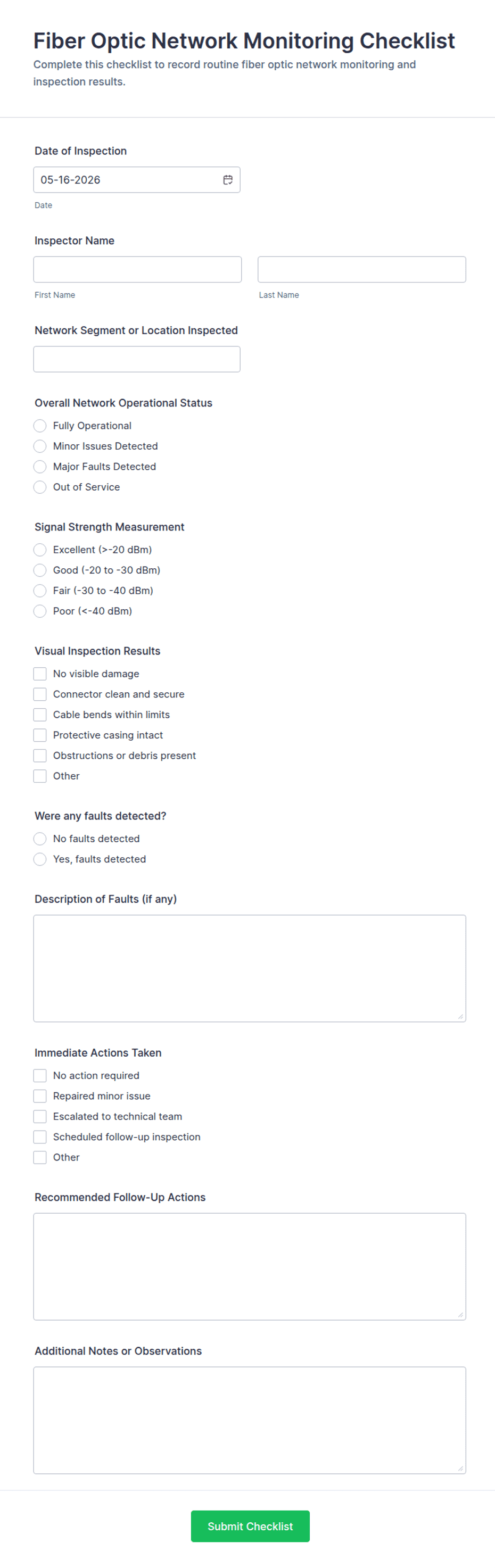 Fiber Optic Network Monitoring Checklist Form Template | Jotform