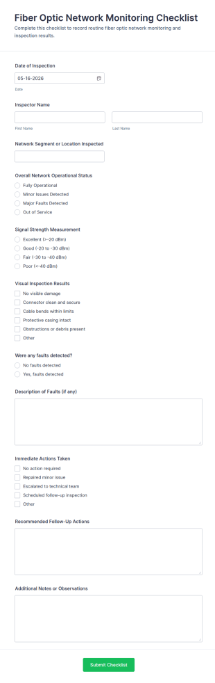 Fiber Optic Network Monitoring Checklist Form Template