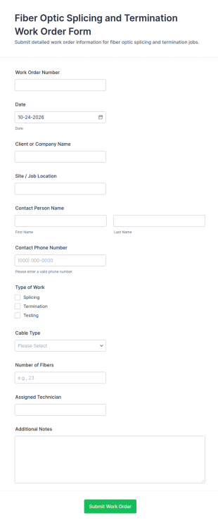 Fiber Optic Splicing And Termination Work Order Form Template