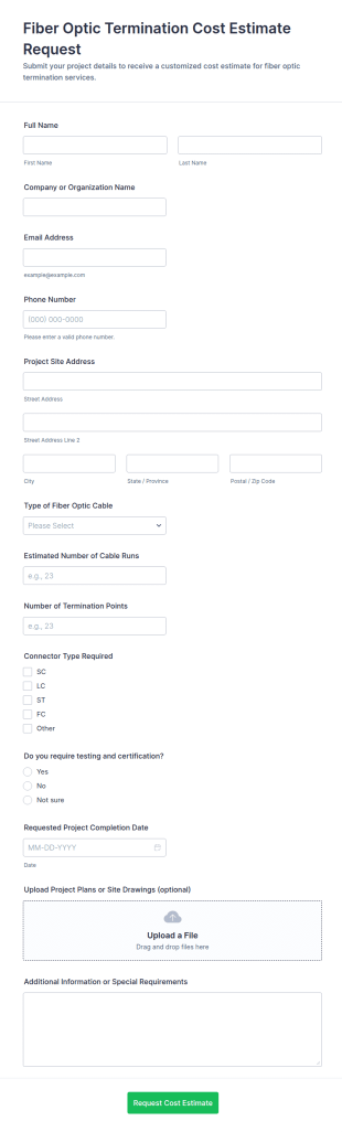 Fiber Optic Termination Cost Estimate Request Form Template
