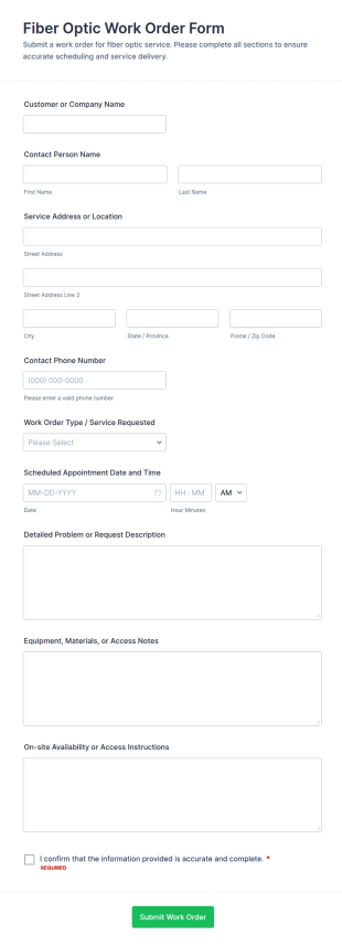 Fiber Optic Work Order Form Template