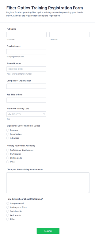 Fiber Optics Training Registration Form Template