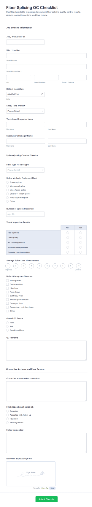Fiber Splicing QC Checklist Form Template