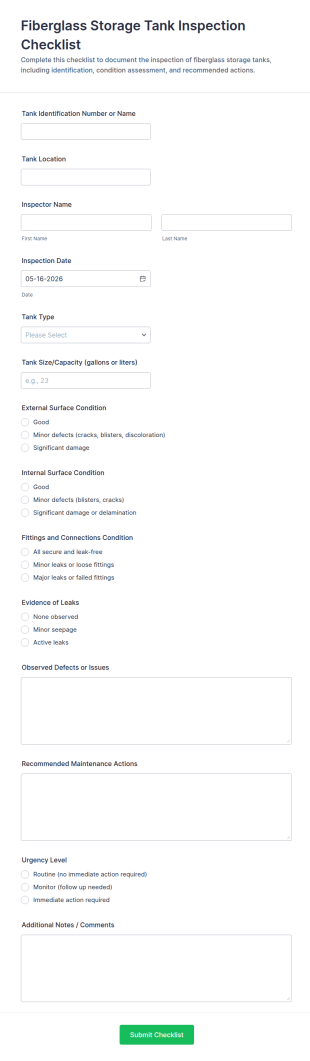 Fiberglass Storage Tank Inspection Checklist Form Template