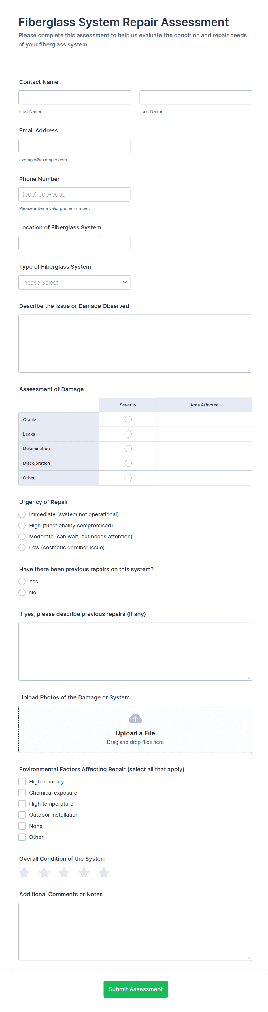 Fiberglass System Repair Assessment Form Template | Jotform