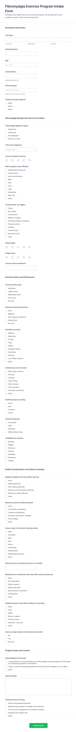 Fibromyalgia Exercise Program Intake Form Template