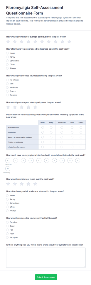 Fibromyalgia Self Assessment Questionnaire Form Template