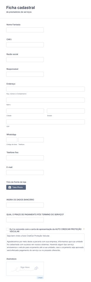 Ficha Cadastral PRESTADOR DE SERVIÇO Form Template