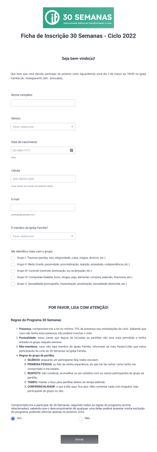 Ficha De Inscrição 30 Semanas Igreja Família Ciclo 2022