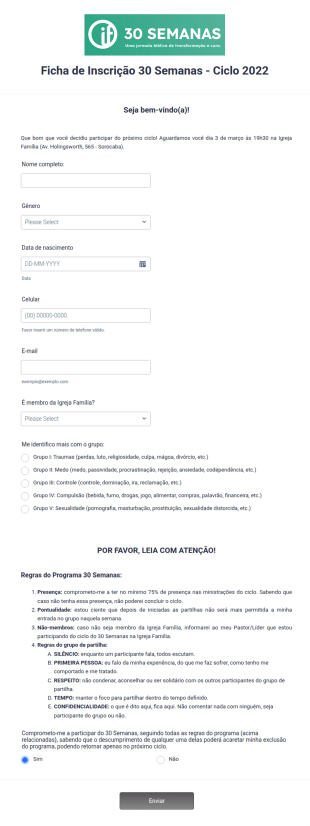 Ficha De Inscrição 30 Semanas Igreja Família Ciclo 2022