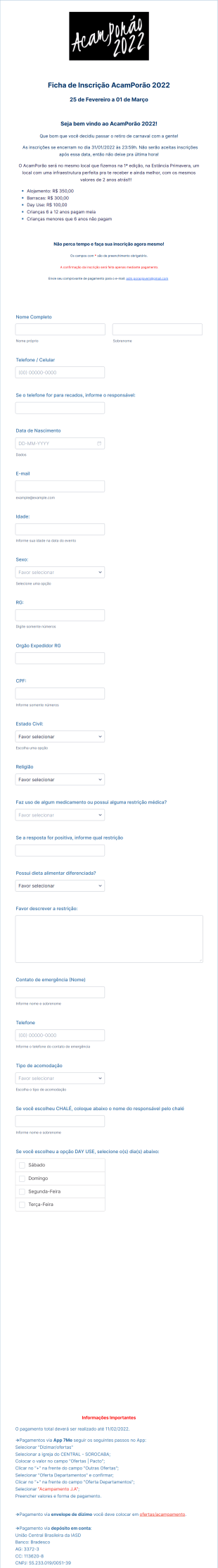 Ficha De Inscrição Acampamento Form Template