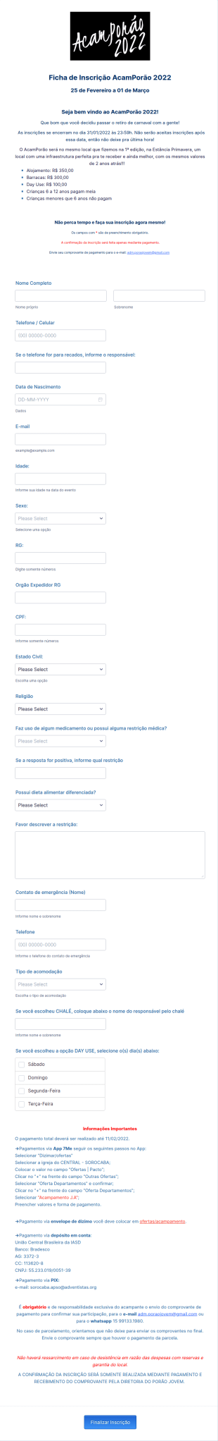 Ficha De Inscrição Acampamento
