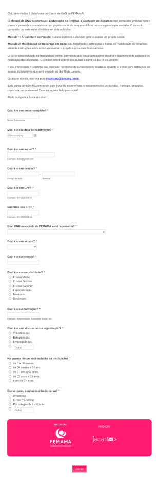 Ficha De Inscrição Curso Manual Da ONG Sustentável