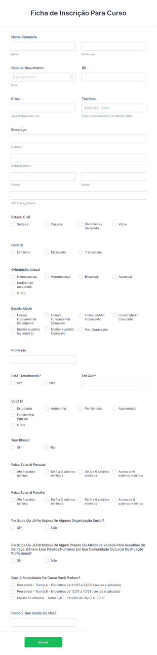 Ficha De Inscrição Para Curso