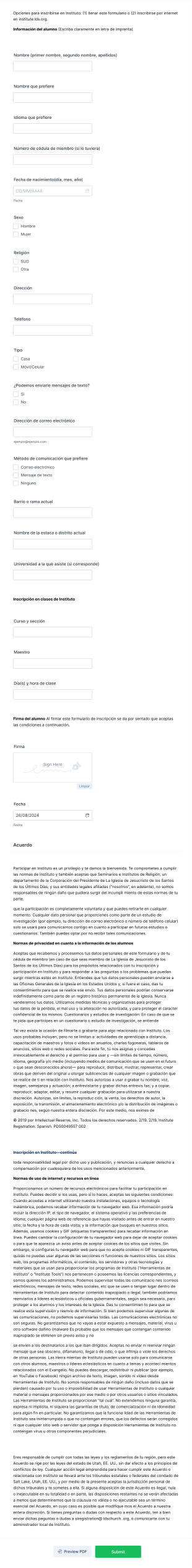 Ficha De Inscripción De Instituto
