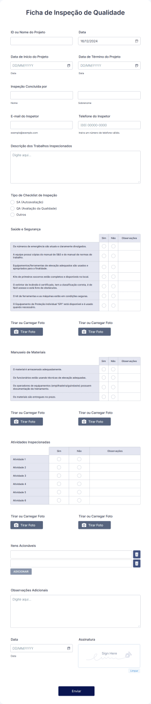 Ficha De Inspeção De Qualidade Form Template