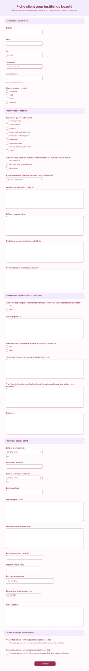 Fiche Client Pour Institut De Beauté