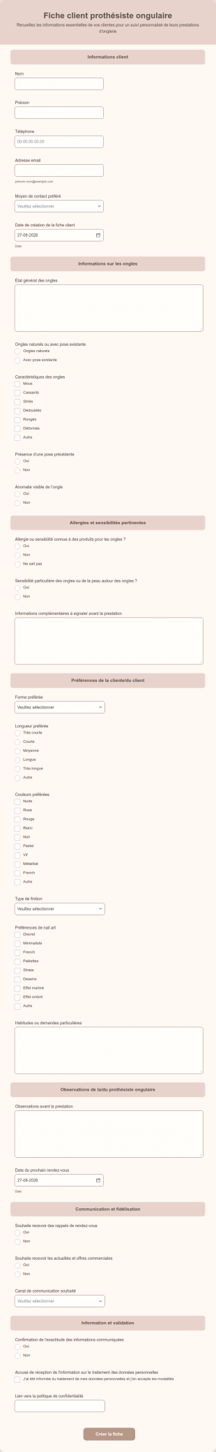 Fiche Client Prothésiste Ongulaire