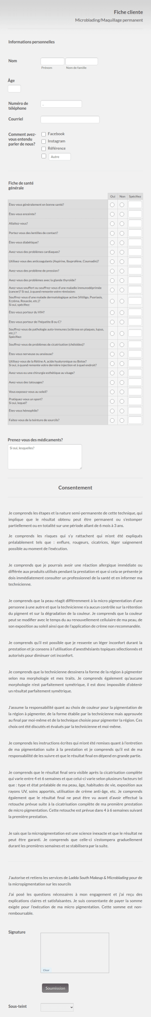 Fiche Cliente Et Consentement Microblading/maquillage Permanent