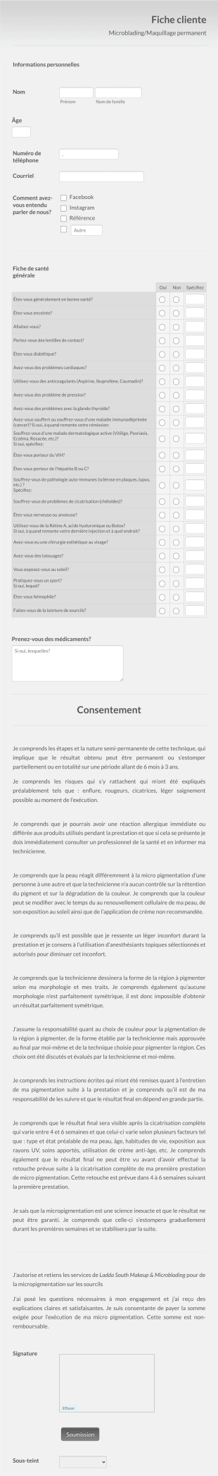 Fiche Cliente Et Consentement Microblading/maquillage Permanent Form Template