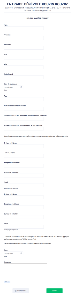 Fiche D'antécédents Médicaux Pour Enfant