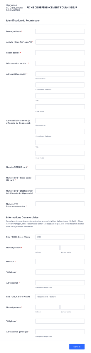 Fiche De Référencement Fournisseur Form Template