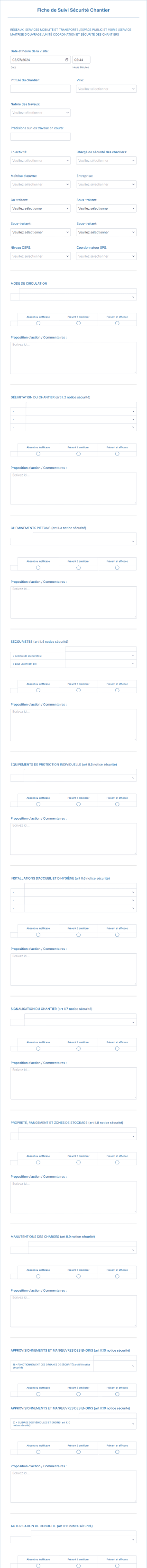 Fiche De Suivi Sécurité Chantier Form Template