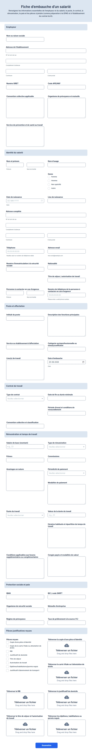 Fiche D’embauche D’un Salarié