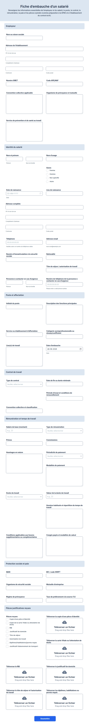 Fiche D’embauche D’un Salarié