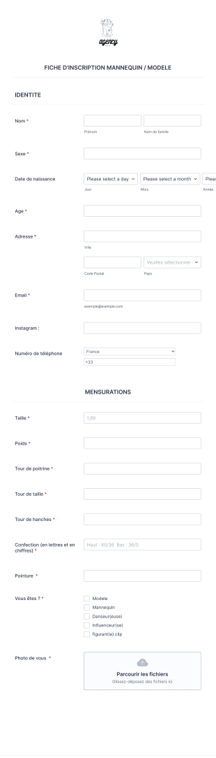 Fiche D'inscription Mannequin / Modele Form Template