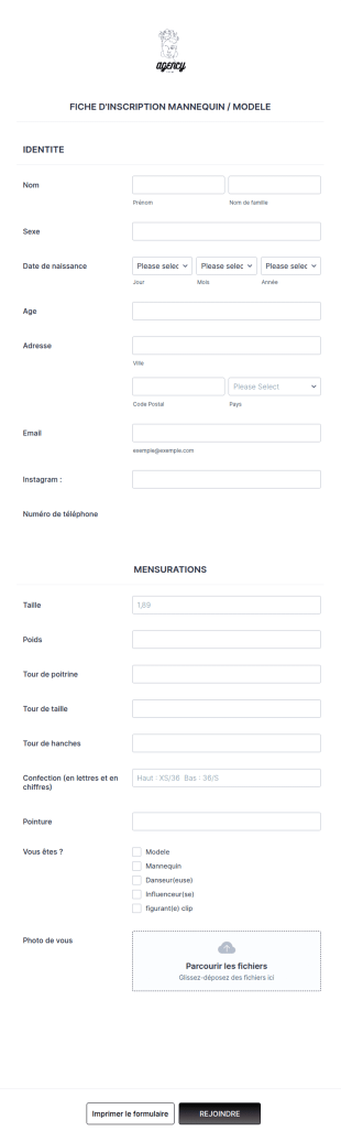 Fiche D'inscription Mannequin / Modele