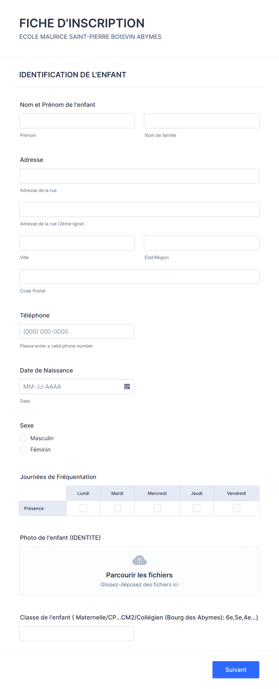 Fiche D'inscription Modèle du formulaire | Jotform